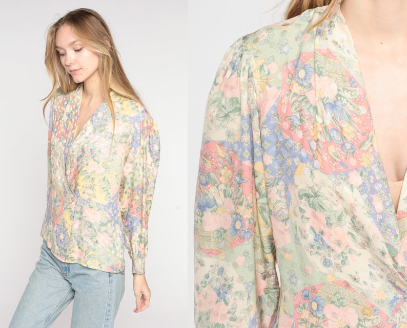 Floral Silk Blouse 80s Boho Shirt V Neck Wrap Top Double Breasted Button Up Long Sleeve Romantic Hippie Pastel Vintage 1980s Small S 6 image 1
