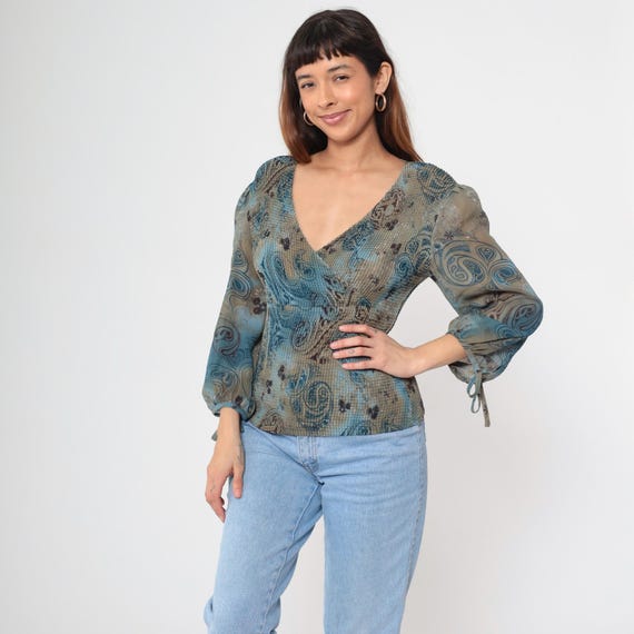 Paisley Wrap Top Y2K Blue Mixed Print Tie Sleeve Top Vintage 2000s Boho Wrap Blouse Nicola Early 2000s Bohemian Swirl Abstract Medium M