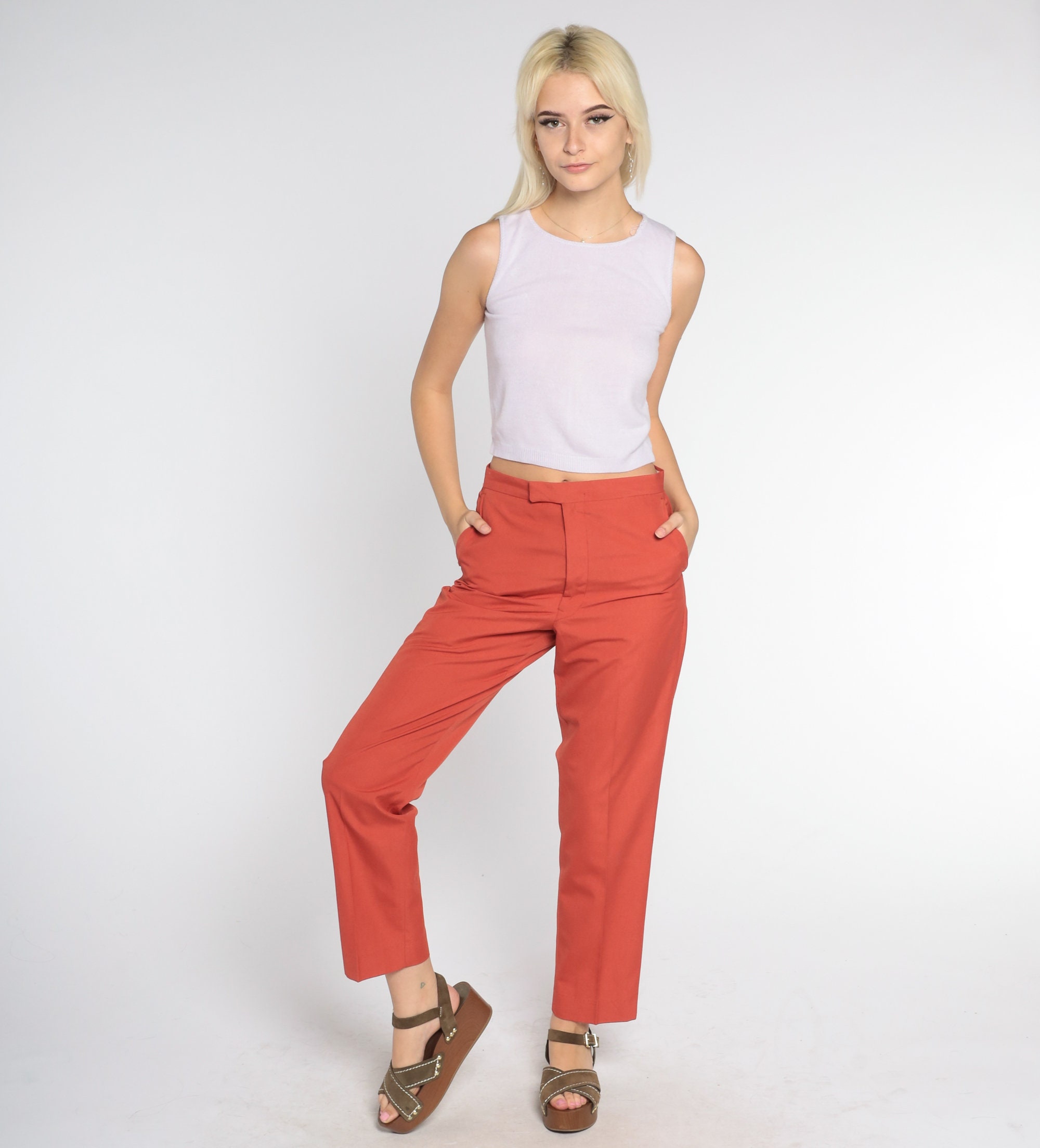 Terracotta Trousers 70s Straight Leg Pants Rust Orange High Rise ...