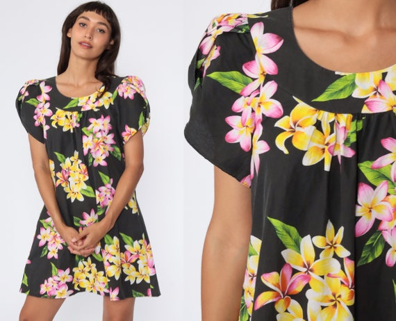 Hawaiian Tent Dress 80s Floral Dress Black Yellow