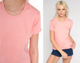 Peach Pink T-Shirt 80s Plain Tee Retro Scoop Neck TShirt Basic Top Short Sleeve Blouse Single Stitch Minimalist Solid Vintage 1980s Medium