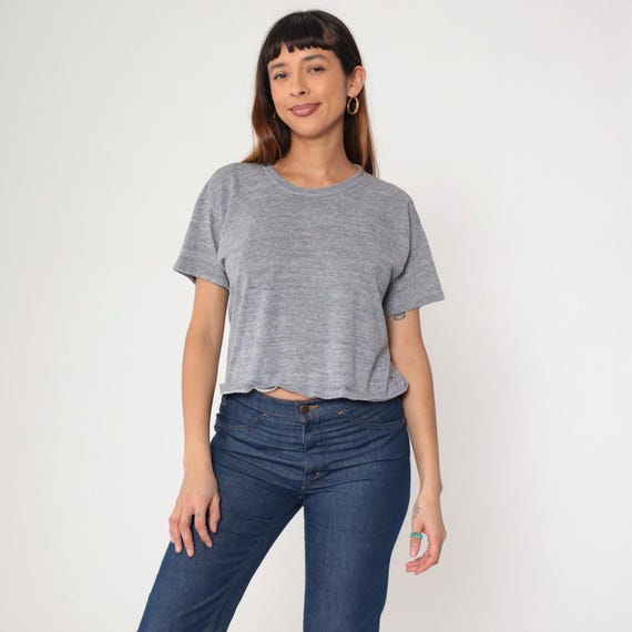 80s Grey Cropped T Shirt Vintage Russell Athletic Crop Top Plain TShirt Athletic Top Hipster Retro Tee 1980s Normcore Basic Medium M