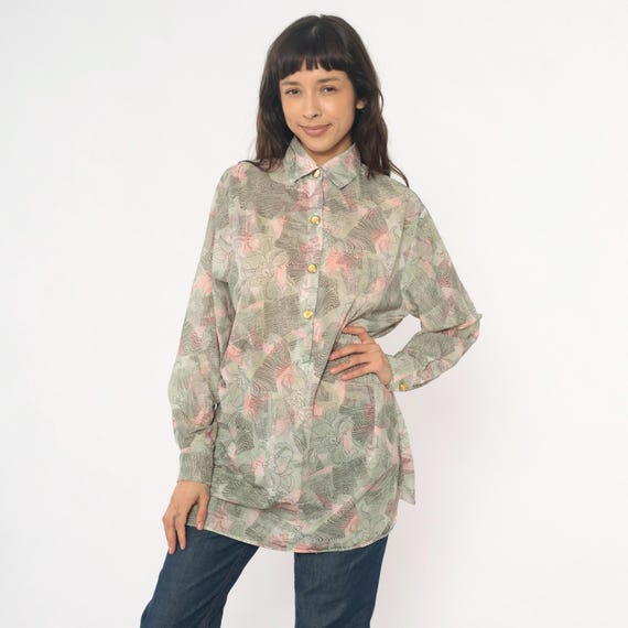 70s Abstract Floral Shirt Pink Green Sage Button Front Long Sleeve Collared Tunic Botanical Print Cream Pastel Vintage Cottagecore Medium M