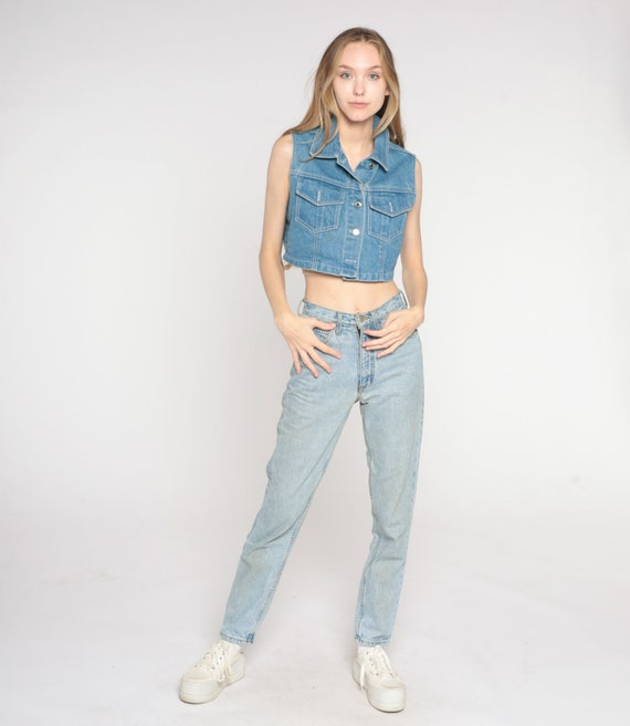 90s Cropped Denim Vest Blue Jean Crop Top Sleevel… - image 3