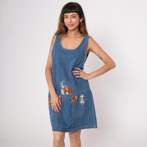90s Lady and The Tramp Dress Disney Denim Jumper Mini Jean Dress Overall Pinafore 1990s Blue Vintage Scoop Neck Minidress Sleeveless Large L
