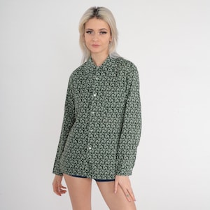 70s Paisley Shirt Button up Disco Shirt Pointed Collar Dark Green Groovy Print Retro Long Sleeve Collared Seventies Top Vintage 1970s Medium