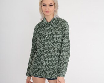 70s Paisley Shirt Button up Disco Shirt Pointed Collar Dark Green Groovy Print Retro Long Sleeve Collared Seventies Top Vintage 1970s Medium