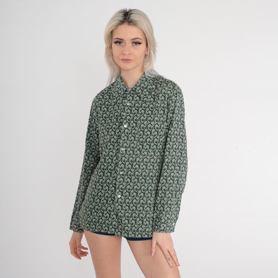 70s Paisley Shirt Button up Disco Shirt Pointed Collar Dark Green Groovy Print Retro Long Sleeve Collared Seventies Top Vintage 1970s Medium