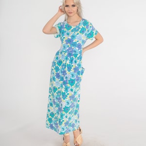 Tropical Floral Dress 90s Midi Dress Blue Green Boho Retro Dress Short Sleeve High Waisted Casual Pocket Hippie Vintage 1990s Medium Large