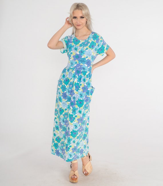 Tropical Floral Dress 90s Midi Dress Blue Green Boho Retro Dress Short Sleeve High Waisted Casual Pocket Hippie Vintage 1990s Medium Large