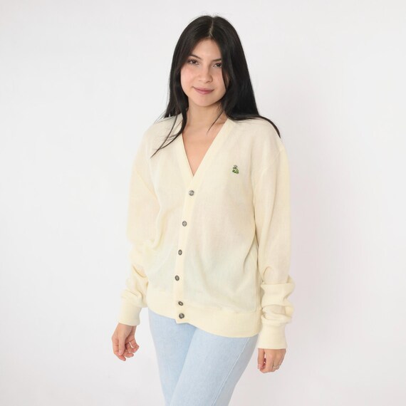 Vintage Cream Yellow Cardigan Sweater Frog King Emblem 80s Cardigan Preppy V Neck Button Up Sweater 1980s Slouchy Nerd Geek Plain Large L