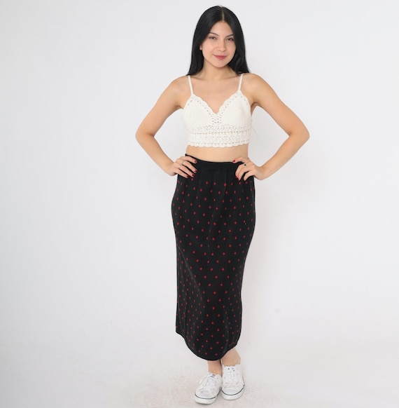 Vintage Knit Pencil Skirt 80s Black Sweater Skirt Red Geometric Print High Waisted Sweater Skirt Midi 1980s Small
