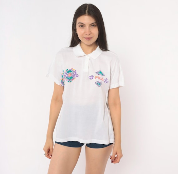 80s Fila Geometric Polo White Cotton Printed Collared Shirt Purple Teal Diamond Pattern Sporty Athletic Tennis Top Vintage Unisex Large L
