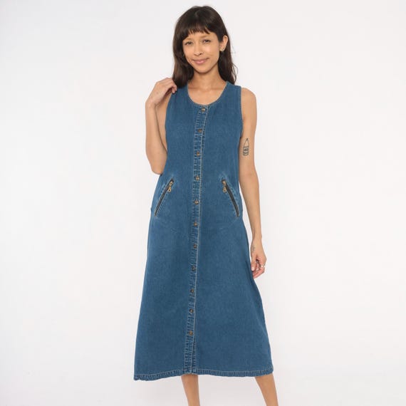 90s Denim Jumper Dress Sleeveless Button Front Midi Jean Cotton Side Zip Pockets Cobalt Blue Navy Shift Column Vintage Women Extra Small XS