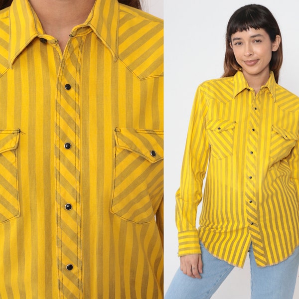 Wrangler Western Shirt 90s Bright Yellow Striped Pearl Snap Button up Cowboy Rodeo Westernwear Long Sleeve Vintage 1990s Men's 15 1/2 34