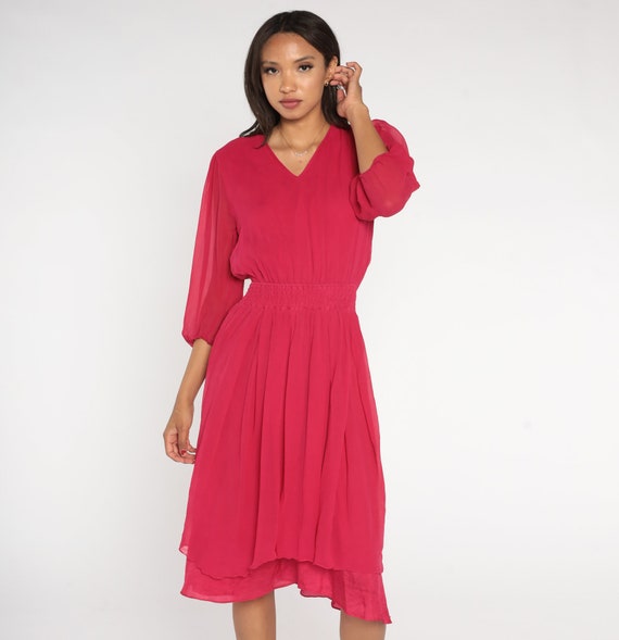 Pink Silk Chiffon Dress 80s Party Dress Puff Sleeve Diane Freis High Waisted Flowy Evening Cocktail Puff Sleeve Midi Vintage 1980s Small S