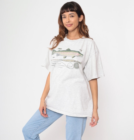 Rainbow Trout Shirt 90s Heather Gray Fishing Graphic Twin Lakes Fly Rod Flies Nature Wildlife Vintage Crewneck Short Sleeve Extra Large XL