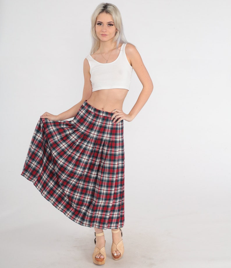 Pendleton Midi Skirt 80s Red Plaid Wool Skirt High Waisted Pleated School Girl Preppy Green White Tartan Uniform Vintage 1980s Small 28 image 2