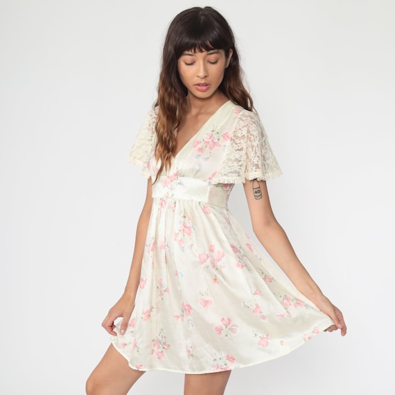 Babydoll Mini Dress Lace Sleeve Off-White Floral … - image 3