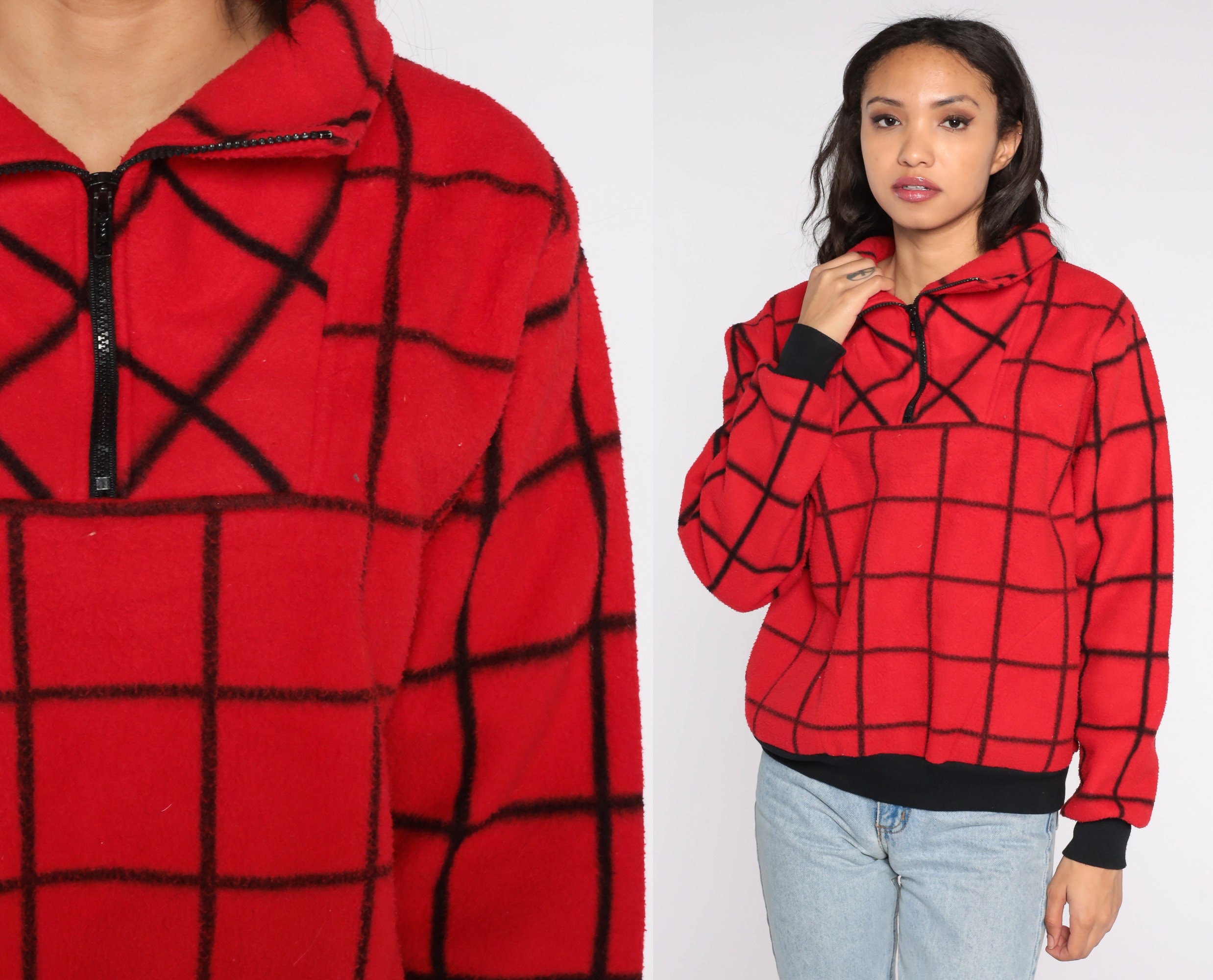 Checkered Fleece Sweatshirt 80s Red Grid Pattern Jacket - Etsy Hong Kong