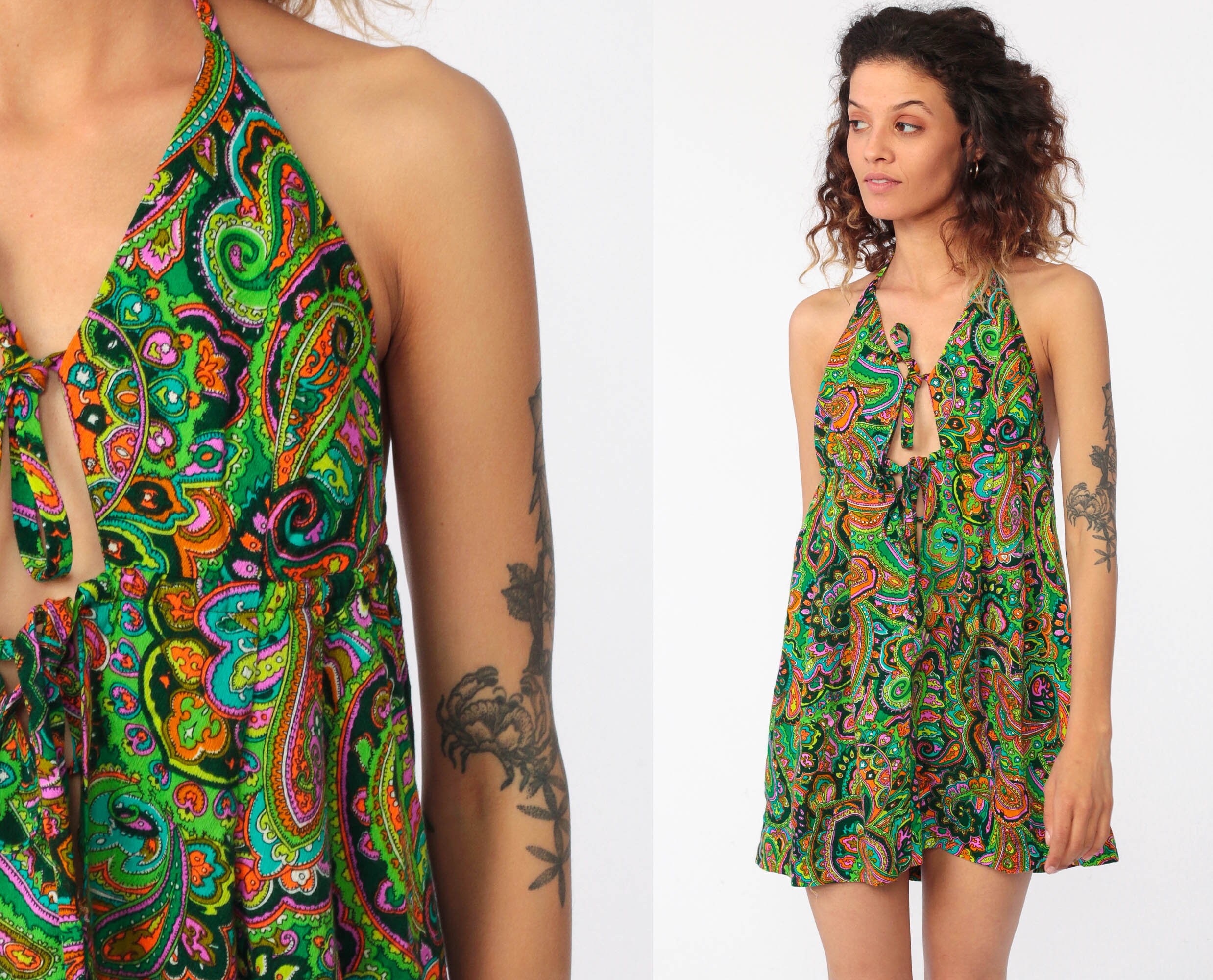 Halter Mini Dress Green MICRO Paisley 