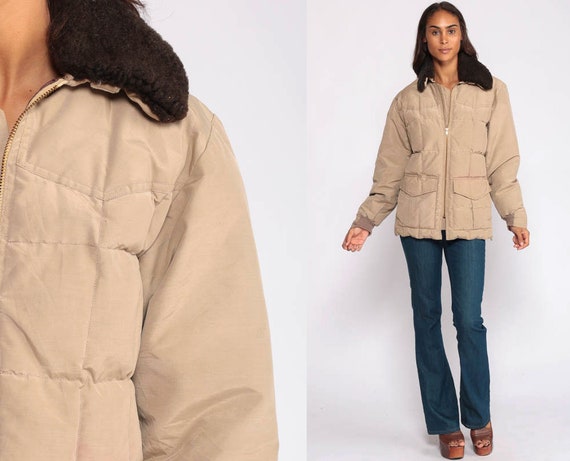 Winter Coat Down Jacket Retro Ski Jacket SHERPA COLLAR 70s Puffy Retro Hipster Warm Jacket Tan 80s Vintage Puff Medium Large