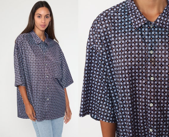 Geometric Shirt Button Up Top 90s Grunge Print Blue Brown Vintage Oversized Button Down Short Sleeve Pocket Disco Shirt Extra Large xl l