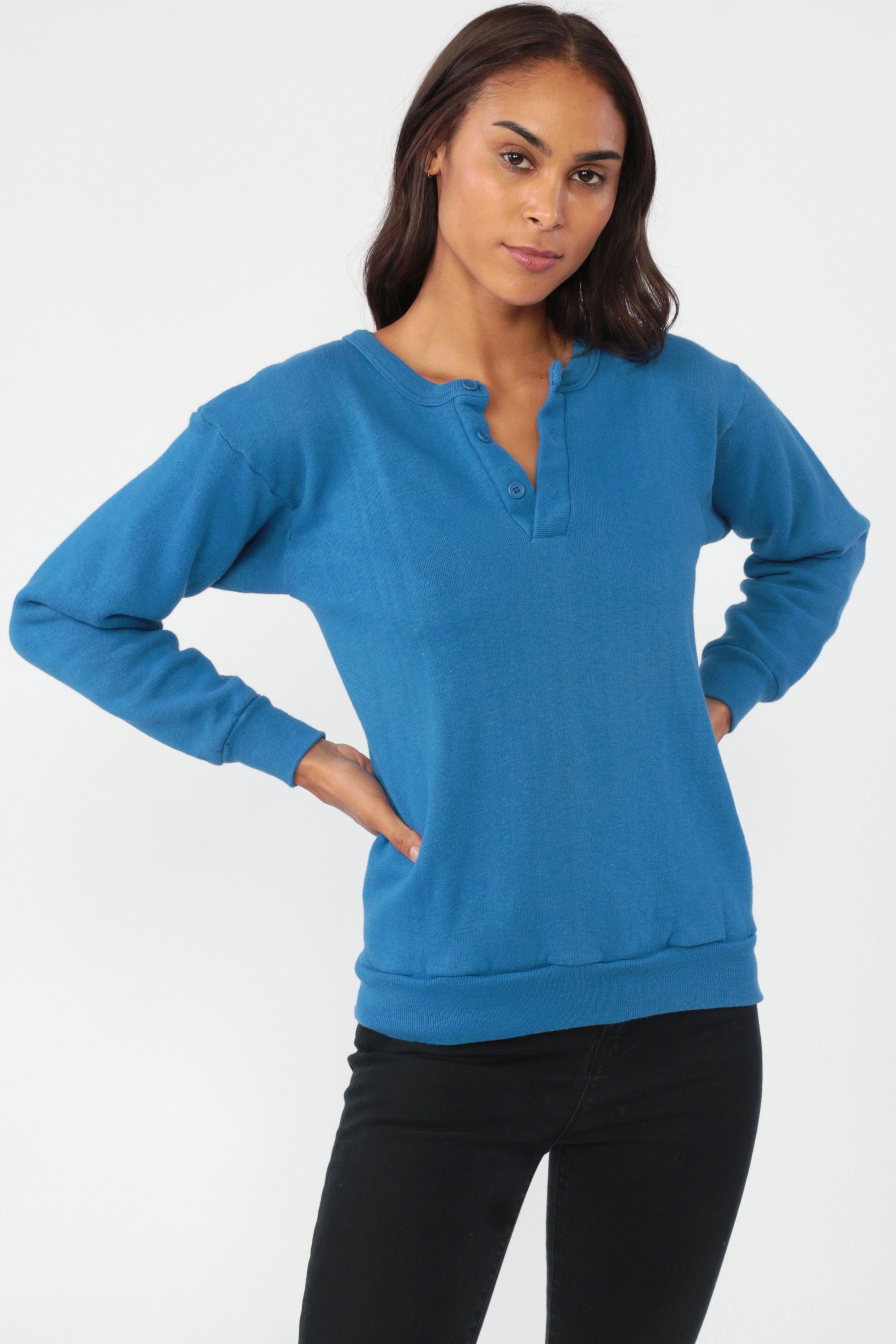 80s Sweatshirt Royal Blue Sweater Polo Shirt Button Up Retro Slouchy Plain Solid Blue 1980s 