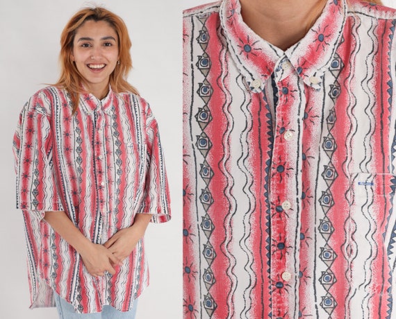 Celestial Shirt Red Striped Sun Button Up Shirt 90s Geometric Print Shirt Button Up Shirt Short Sleeve Vintage Cotton Extra Large xl