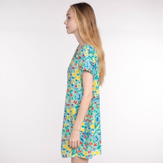 Watercolor Floral Dress Mini 90s Blue Green Summe… - image 5