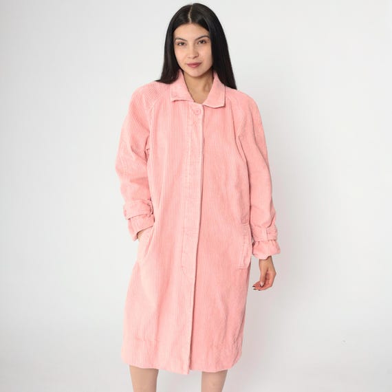 Vintage 80s Pink Corduroy Coat Long Sleeve Button Up Trench Coat Mid Length Jacket Avon Fashions Outerwear 1980s Retro Medium