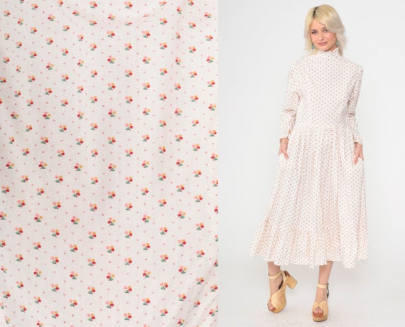 70s Prairie Dress White Calico Floral Midi Dress Puff Sleeve High Neck Ruffled Cottagecore Flounce Hem Boho Low Waist Vintage 1970s Small