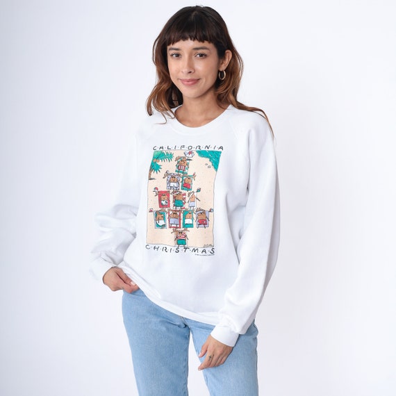 80s California Christmas Sweatshirt Reindeer Beach Sweater Graphic Holiday Shirt Tropical Raglan Sleeve White Vintage 1980s Extra Large xl