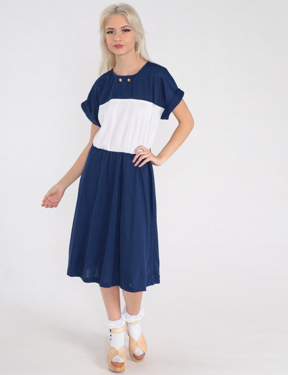 80s Nautical Dress Anchor Button Color Block Navy Blue Day Dress White Midi Sailor Short Sleeve High Waist Vintage 1980s Slouch Medium Large