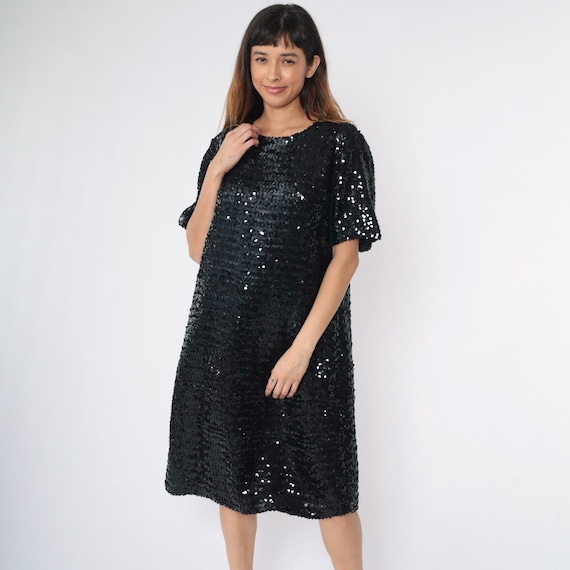 Vintage 80s Black Sequin Dress Short Sleeve Midi Party Gown Shift Shimmer Cocktail Evening 1980s Glam Sparkle Night Out Large L