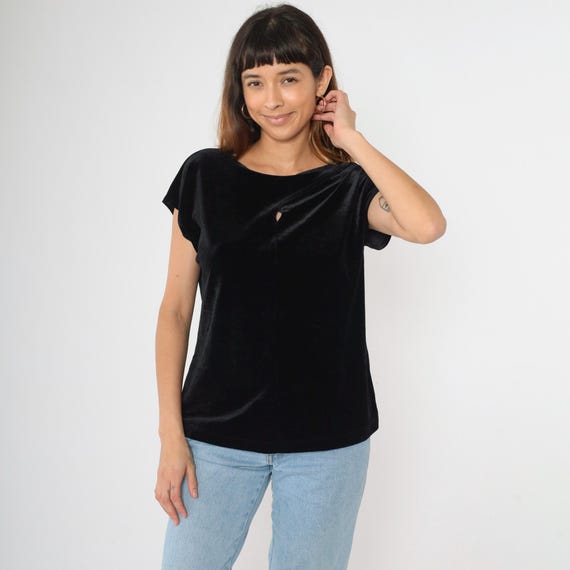 Y2K Black Velvet Top Cutout Short Sleeve Top Stretch Velvet Blouse Shirt Gothic 00s Keyhole Party Velour Shirt Oversize Size 2 xs