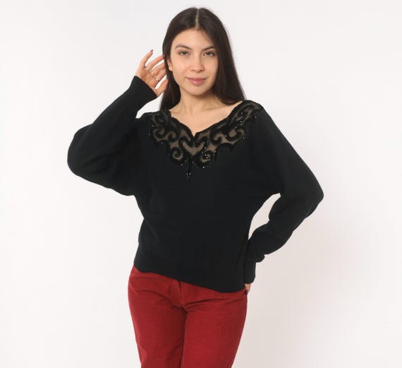 80s Beaded Sheer Neckline Sweater Black Angora Blend Dolman Sleeve V Neck Mesh Applique Knit Top Evening Cocktail Batwing Blouse Medium M