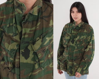 Army Shirt 90s Camo Jacket Green Button Up US Camouflage Military Utility Commando Cargo Pocket Field Shirt Vintage 1990s Men's Small Long