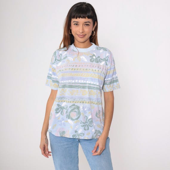90s Floral Shirt Ringer Tee Pastel Blue Flower Shirt Striped Retro Vintage T Shirt Graphic AOP 1990s Large L
