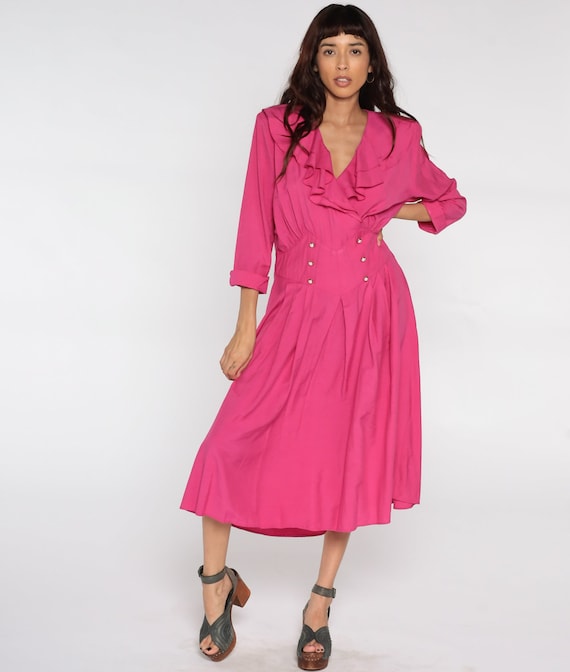 Pink Pleated Dress 80s Midi Dress Ruffle Dress Double Breasted Button Up High Waist Secretary 3/4 Sleeve V neck Vintage Large L