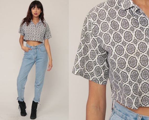 Crop Top 80s Button Up Shirt Geometric Wallpaper Print Blouse Grunge Cotton Short Sleeve 1980s Vintage Collared Small Medium