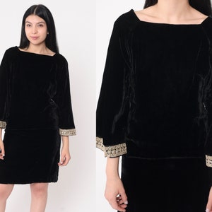 Velvet Mini Dress 60s Black Metallic Gold Bell Sleeve Dress 1960s Mod Cocktail Shift Party Vintage 70s Formal Hippie Gogo Dress Small S 4