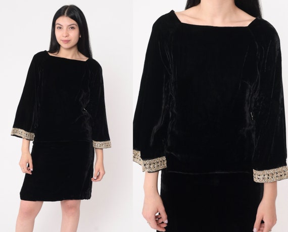 Velvet Mini Dress 60s Black Metallic Gold Bell Sleeve Dress 1960s Mod Cocktail Shift Party Vintage 70s Formal Hippie Gogo Dress Small S 4