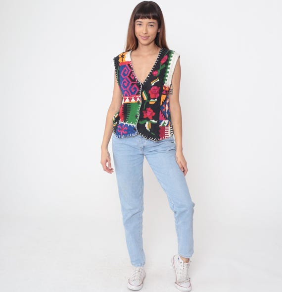 90s Patchwork Vest Granny Square Colorful Multico… - image 3