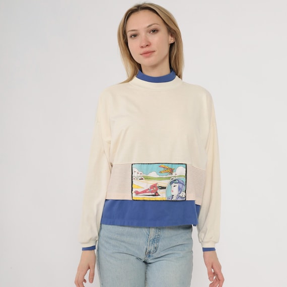 80s Aviation Sweatshirt Cream Blue Ribbed Trim Colorful Airplane Female Pilot Graphic Cropped Cotton Crew Neck Long Sleeve Vintage Large L