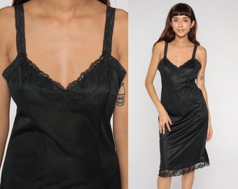 Black Slip Dress 70s Midi Lace Lingerie Gothic Nylon Vintage 1970s Goth Nightgown Spaghetti Strap Medium 36
