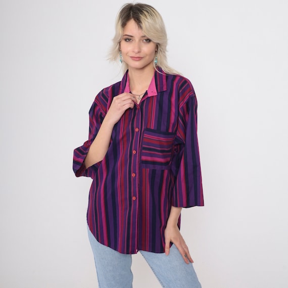 80s Button Up Shirt Purple Striped Blouse Fuchsia Red 3/4 Sleeve Top Curved Shirttail Hem Vintage 1980s Chest Pocket Medium