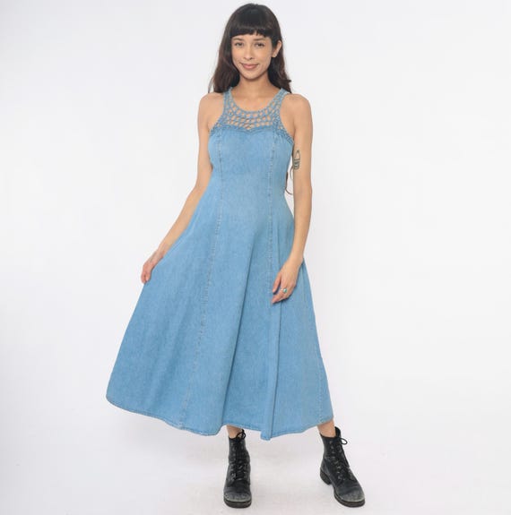 90s Denim Dress Blue Chambray Crochet Lace Up Corset Back Racerback Sleeveless Vintage Summer Spring Prairie Bohemian Cottagecore Small S
