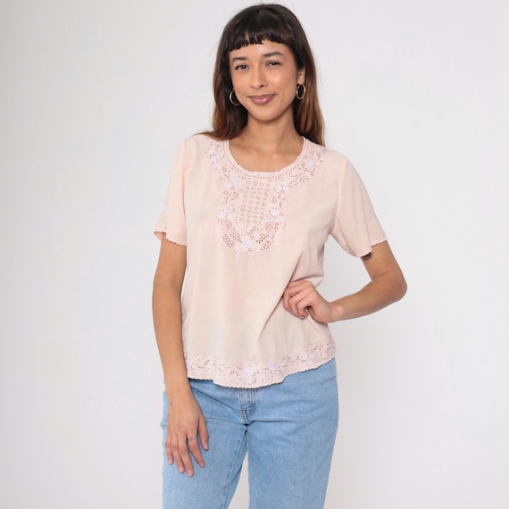 80s Baby Pink Embroidered Top Vintage Floral Cutout Blouse Boho Blouse Flower Shirt Mesh Cut Out Top Bohemian Cutwork 1980s Festival Small S