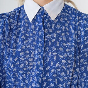 80s Secretary Dress Blue Collared Midi Dress Puff Sleeve White Ditsy Dot Abstract Stick Print High Waisted Long Sleeve Vintage 1980s Small S image 5